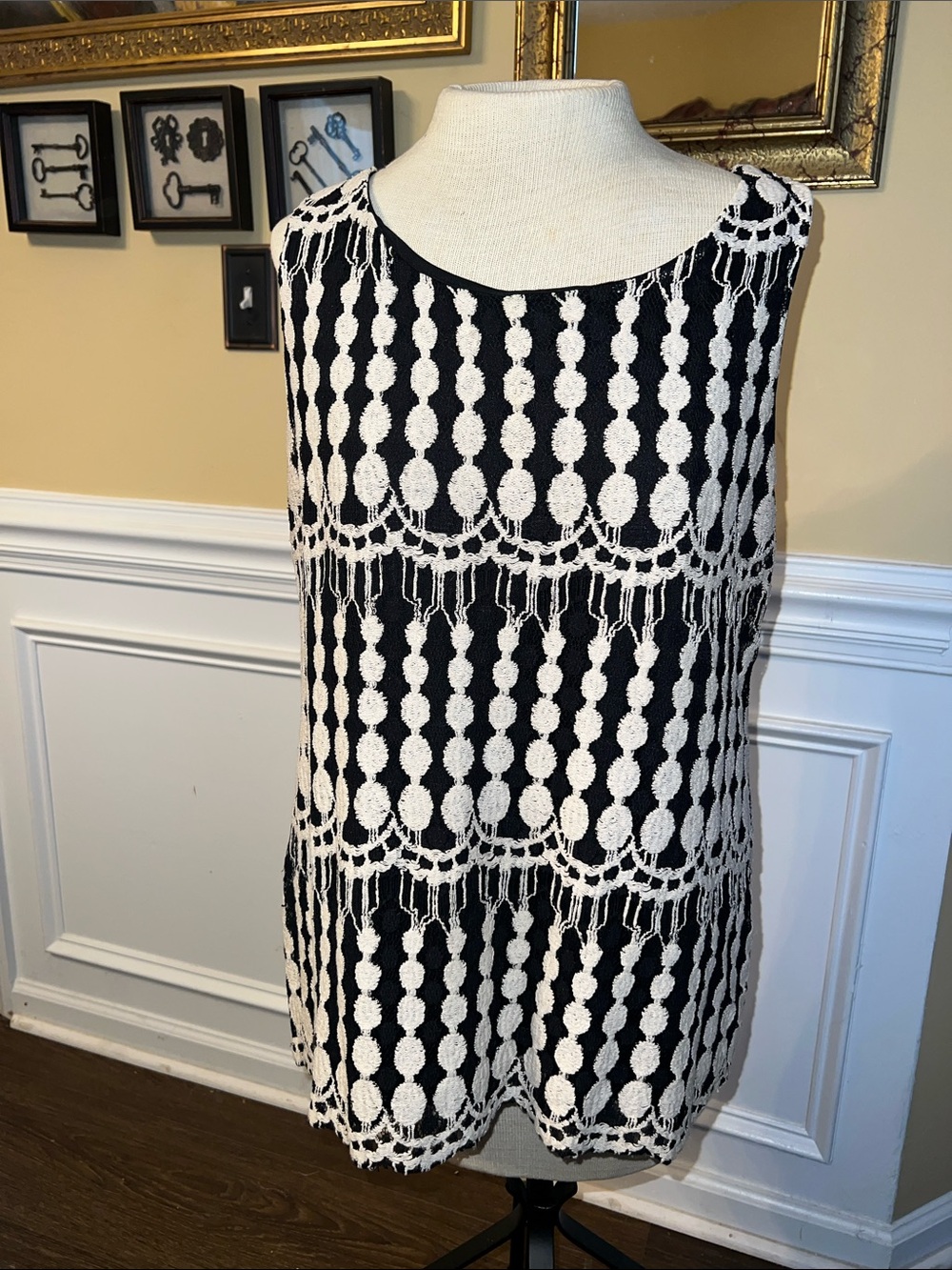 Alfani Black and White Crochet Dot Shell Top